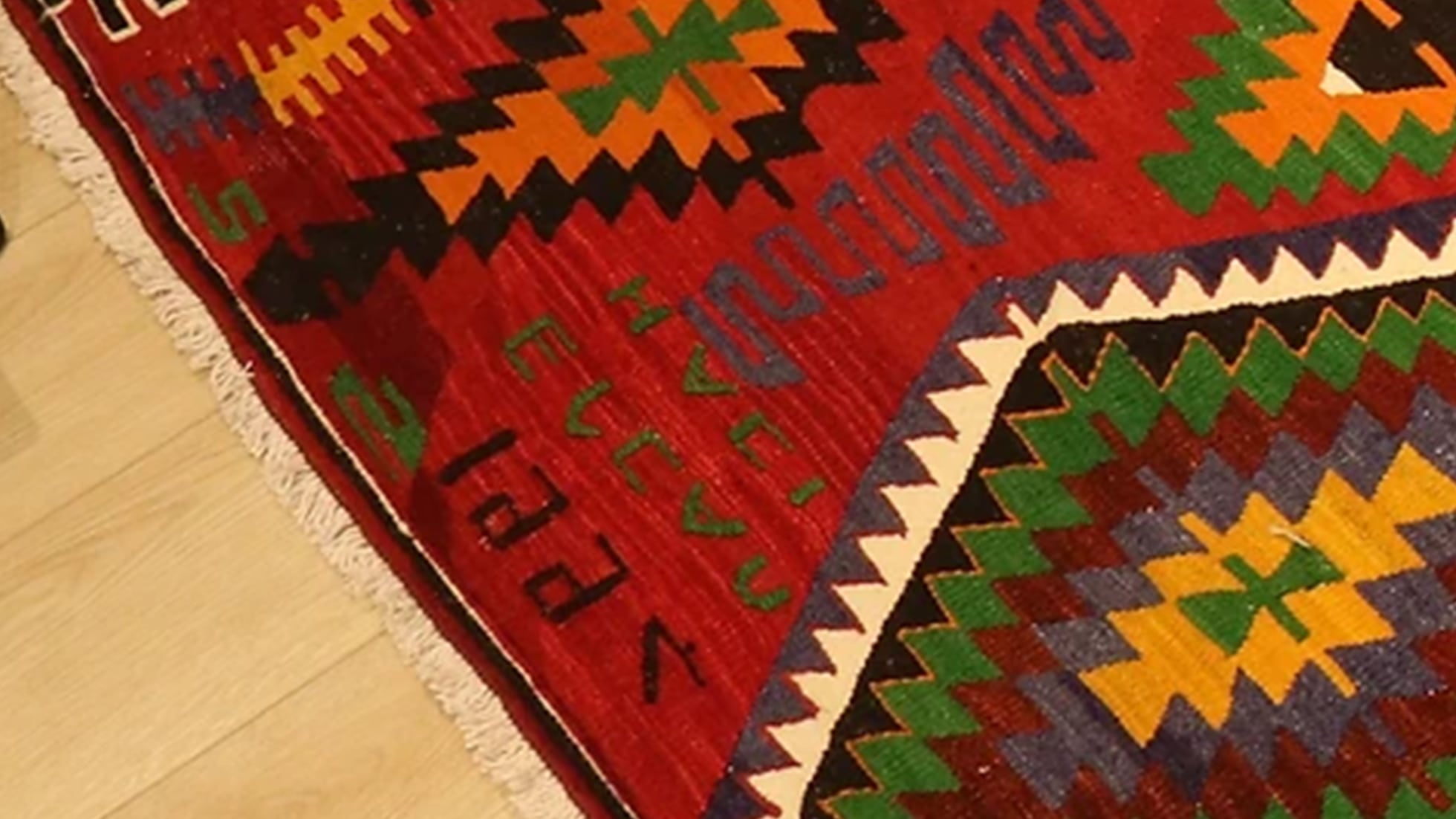 signed vintage Oushak esme tribal kilim rug in colorful medallions and traditional motifs from Turkey