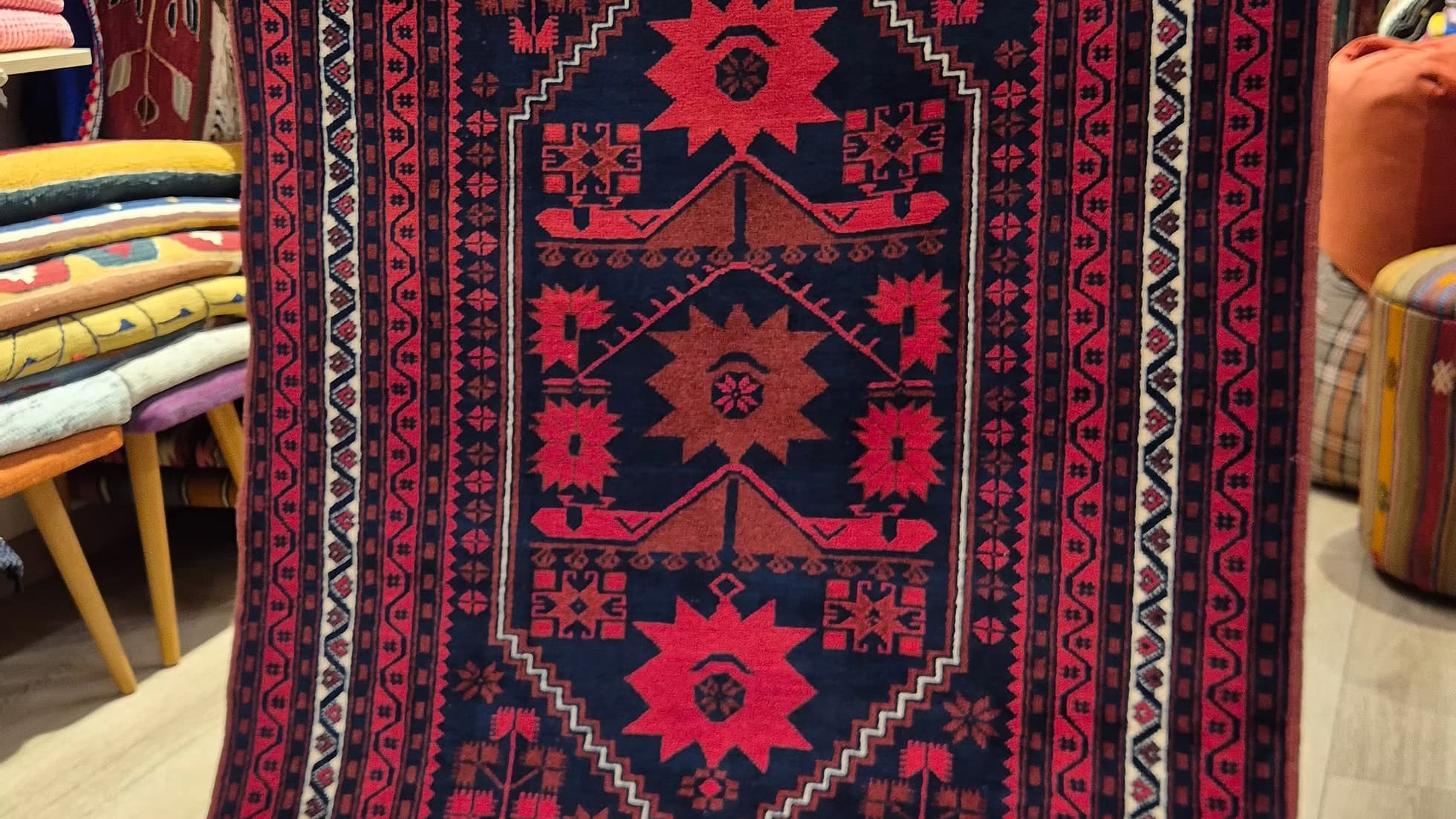 Authentic Turkish hand-knotted wool carpet with bold geometric pattern for refined interiors