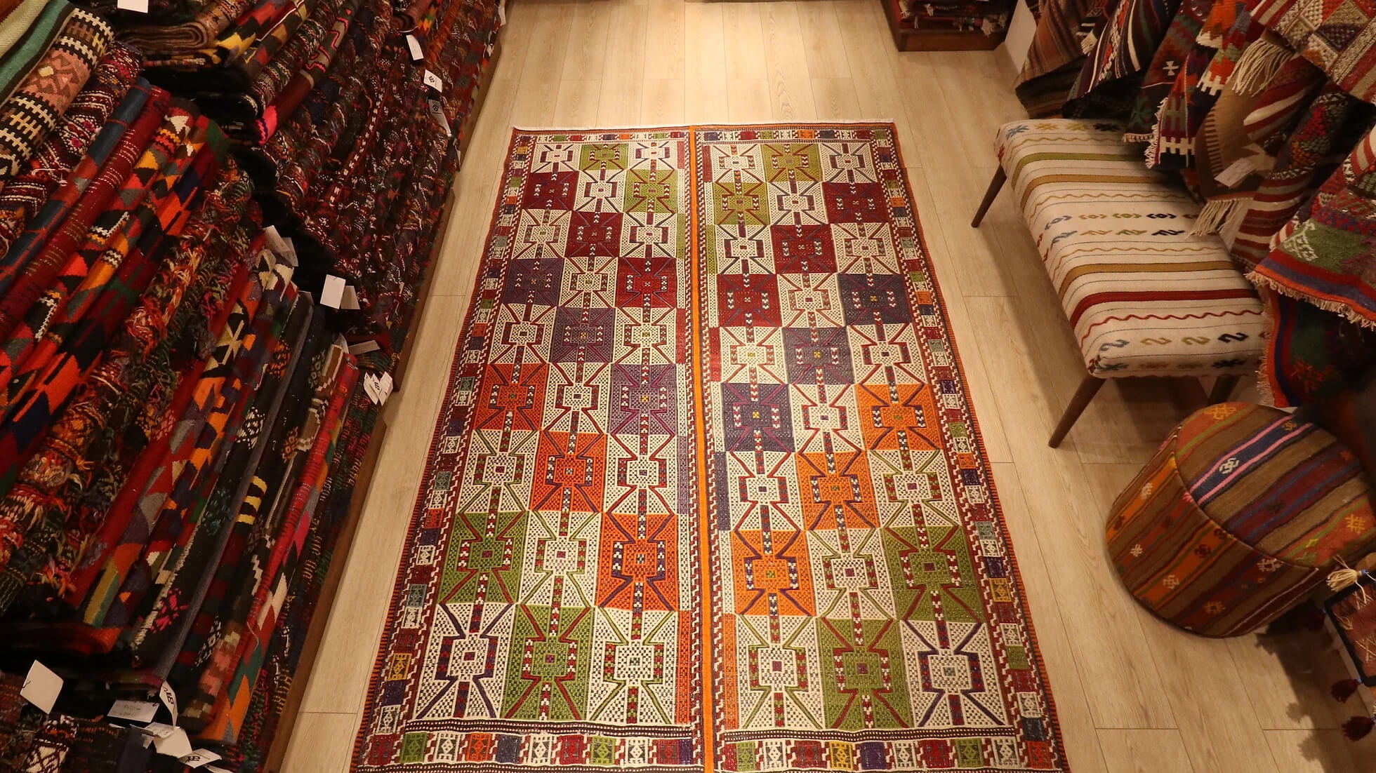 meticulously woven sustainable rare Cecim kilim rug from Aegean region in Turkey in rustic and natural pastel tones
