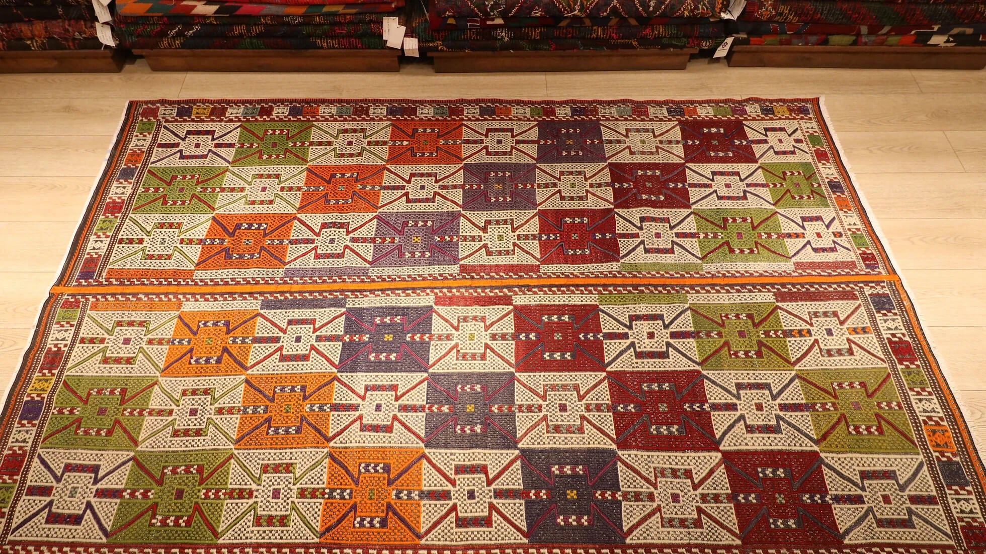 meticulously woven sustainable rare Cecim kilim rug from Aegean region in Turkey in rustic and natural pastel tones