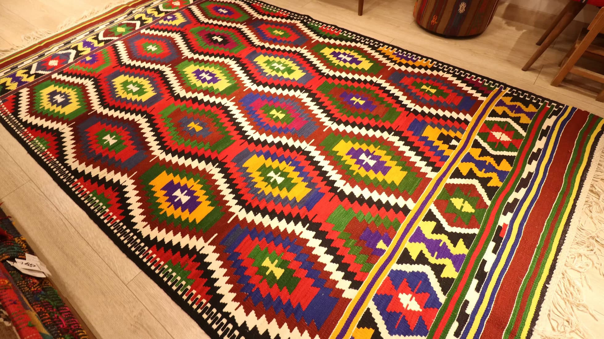 1960s Handwoven Turkish Kilim Rug | Polychromatic Diamond Design in Mediterranean Flat-Weave Wool