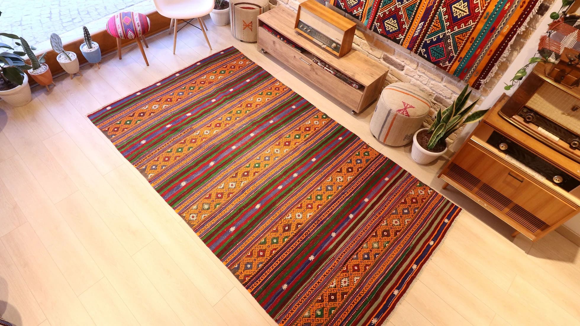 Vintage Handmade Balikesir Nomadic Rug in Tangerine Orange, Olive Green, Berry Red by Kilim Couture New York