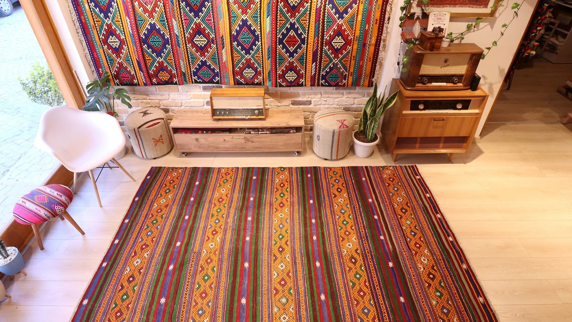 Vintage Turkish Tribal Flat-Woven Rug in Muted Tones Measuring 6x9
