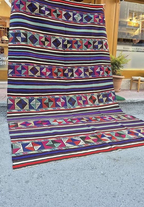 Mid-century handwoven Balikesir striped flat-weave rug 6x9 for interior designers and stage designers, artisanal flat weave with bold geometric patterns