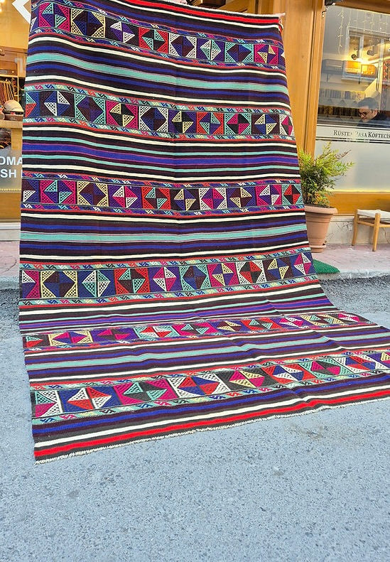 Mid-century handwoven Balikesir striped flat-weave rug 6x9 for interior designers and stage designers, artisanal flat-weave with bold geometric patterns