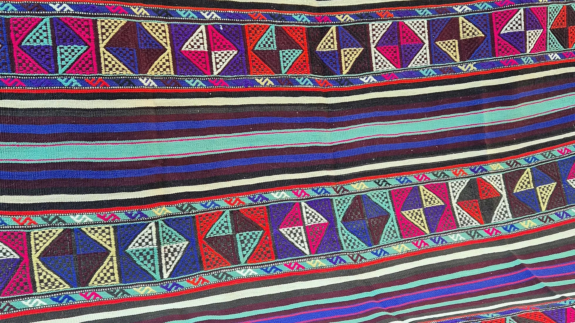 Mid-century handwoven Balikesir striped flat-weave rug 6x9 for interior designers and stage designers, artisanal flat weave with bold geometric patterns