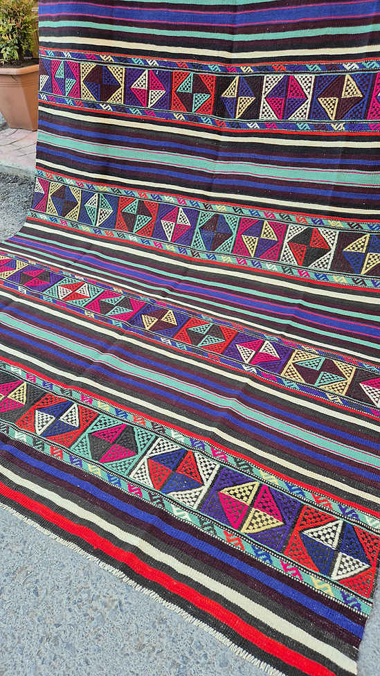 Colorful turkish textile kilim with geometric patterns and stripes