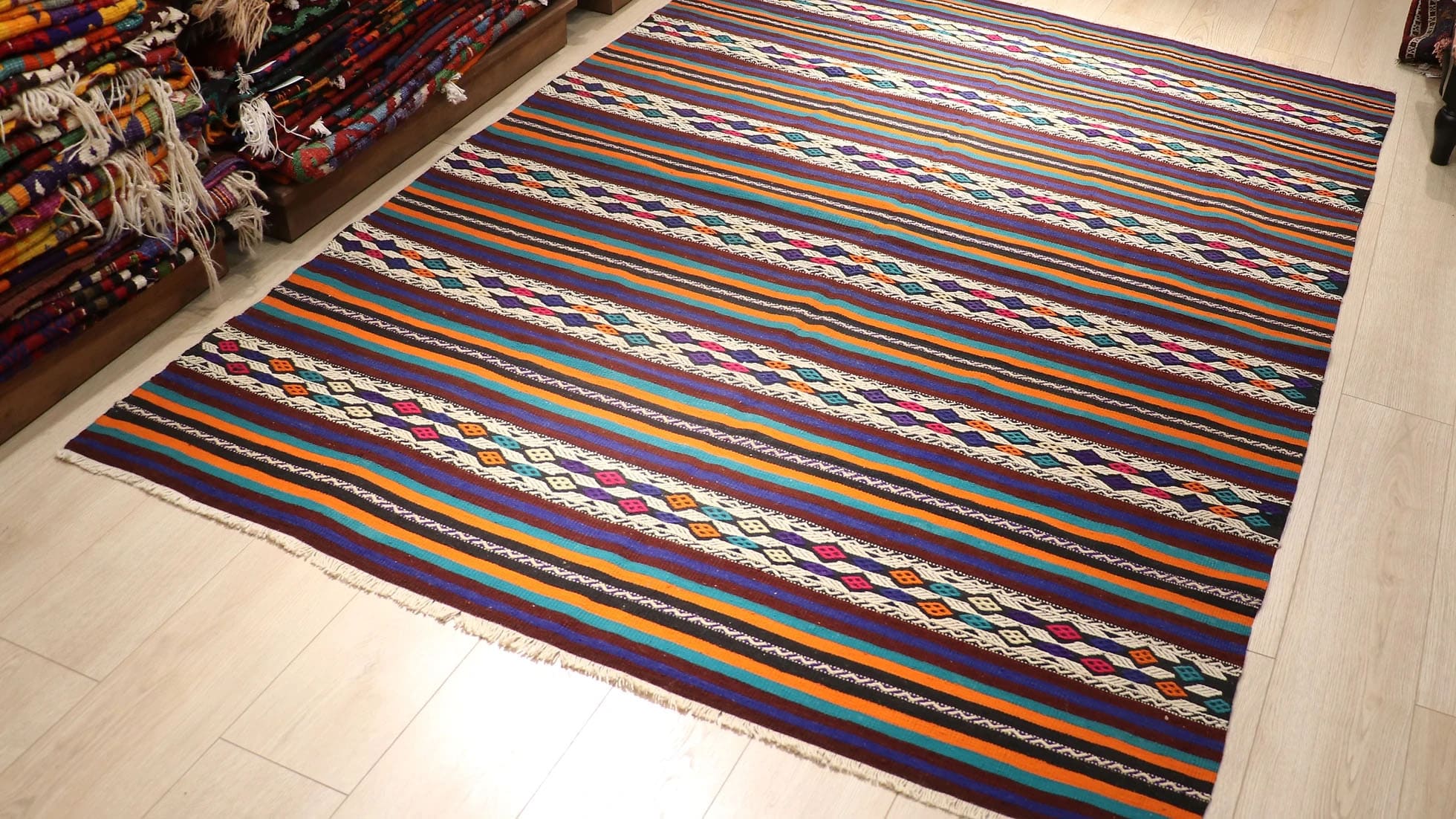Vintage Balikesir Striped Flat-Weave Rug in Purple, Navy, Orange