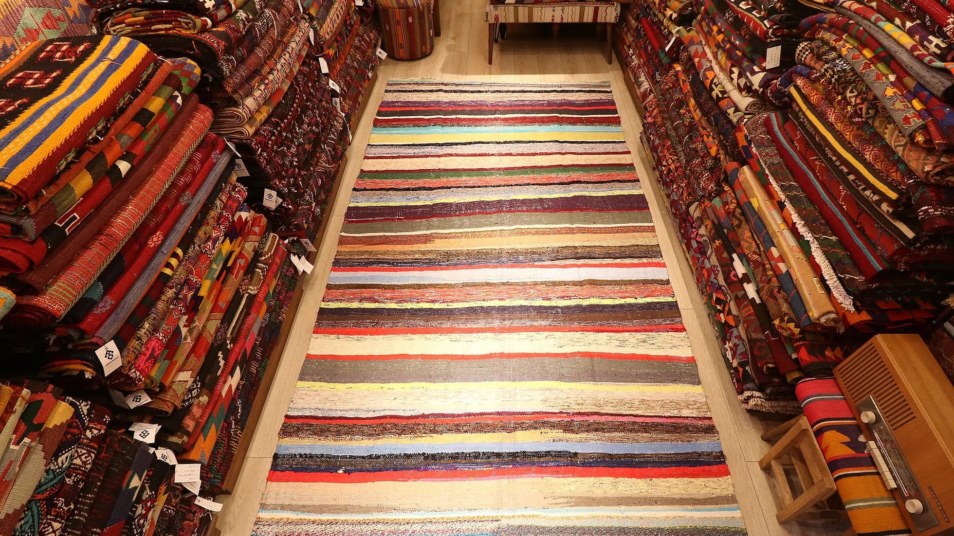 Chaput Neutral Flat-Weave Rug in Pastel Stripes by Kilim Couture New York