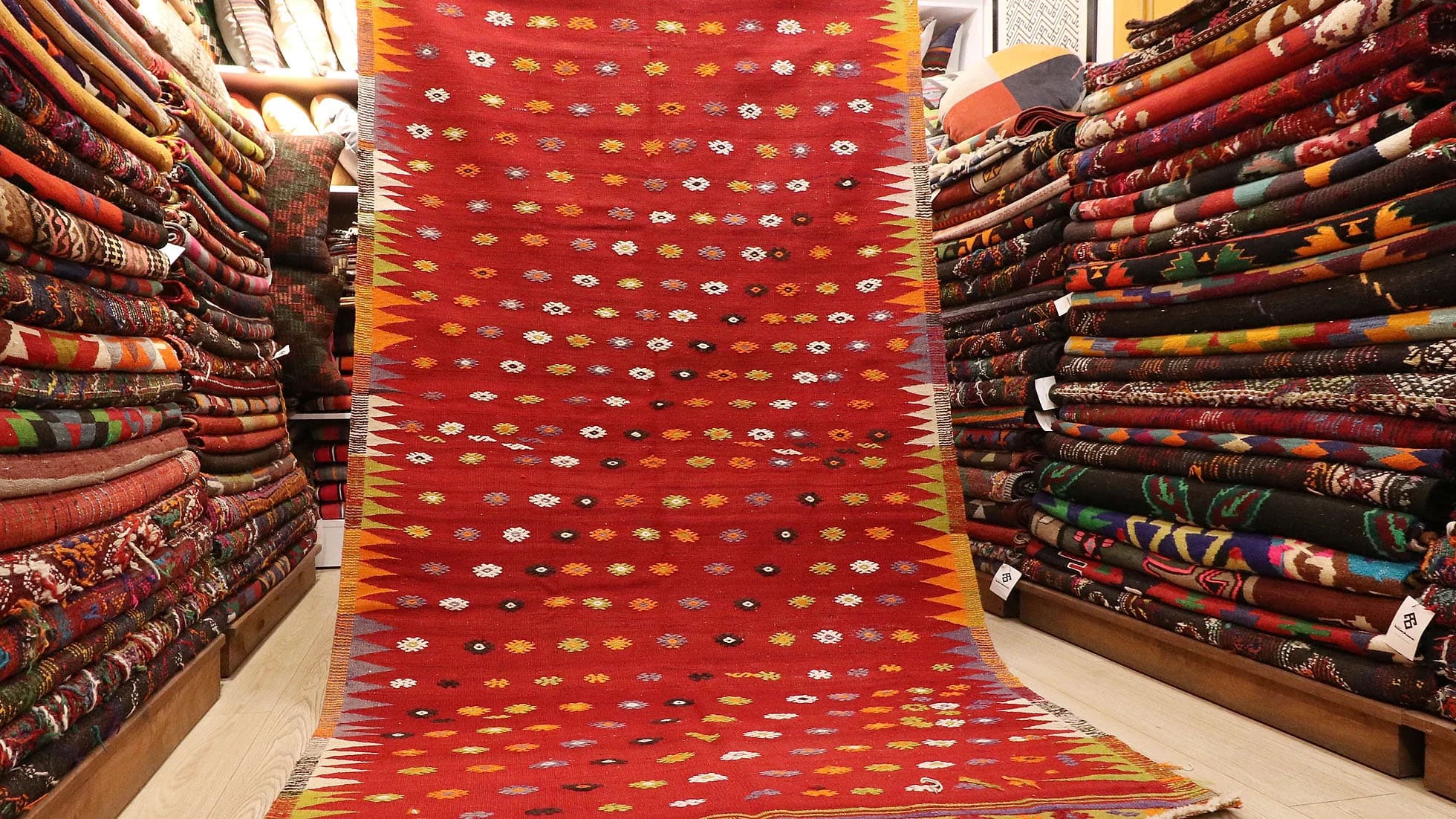 Eclectic Flat-Weave Rug in Red / Green / Orange 1960s by Kilim Couture New York