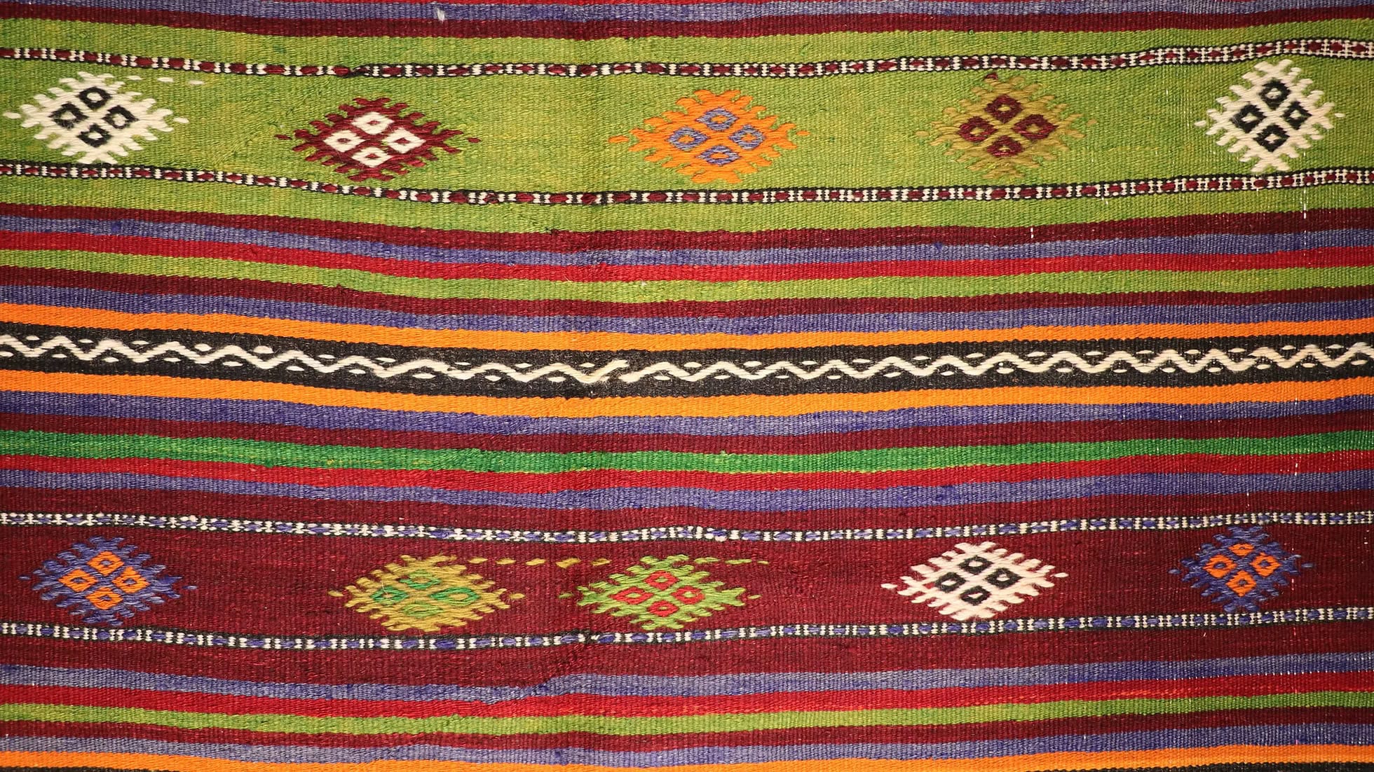 Details of a Wool Rustic Kilim Runner in Red, Green, Orange, Ivory, Denim Blue