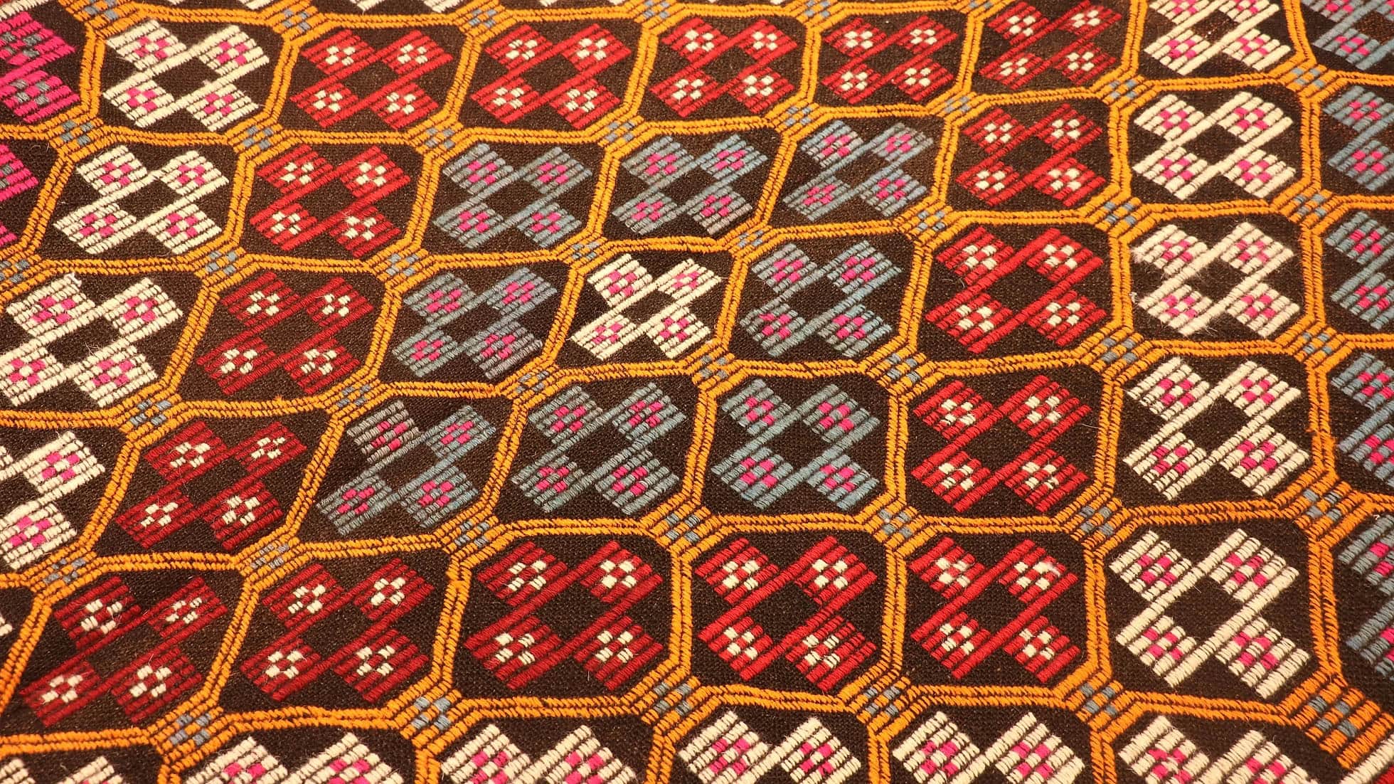 Manisa Diamond Cecim Kilim in Pink, Orange, Red by Kilim Couture New York Rug Gallery