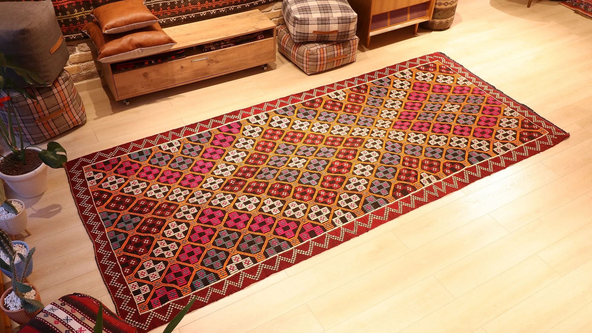 1950s Vintage Wool Flat-Woven Runner Rug in Lozenge Patterns