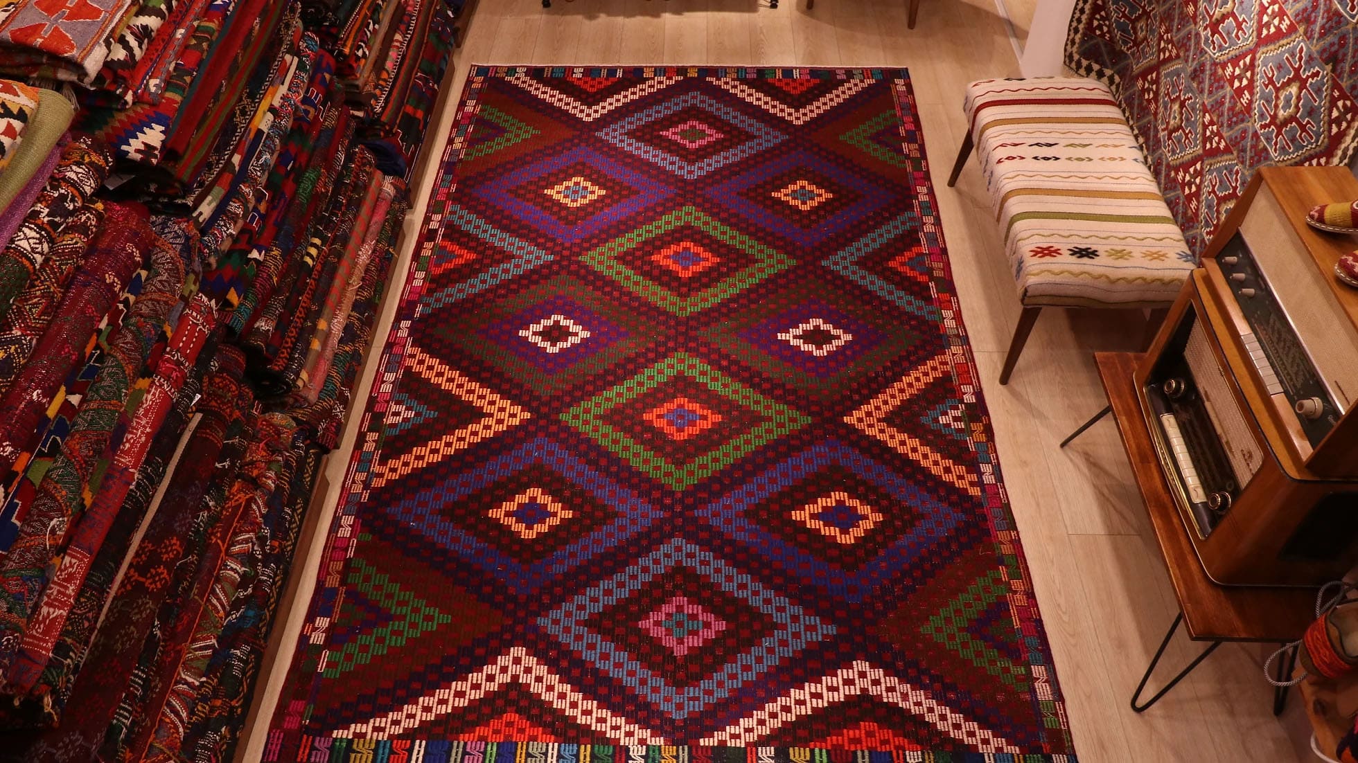 Authentic Turkish Cecim Kilim Rug in Red, Purple, Blue, and Green