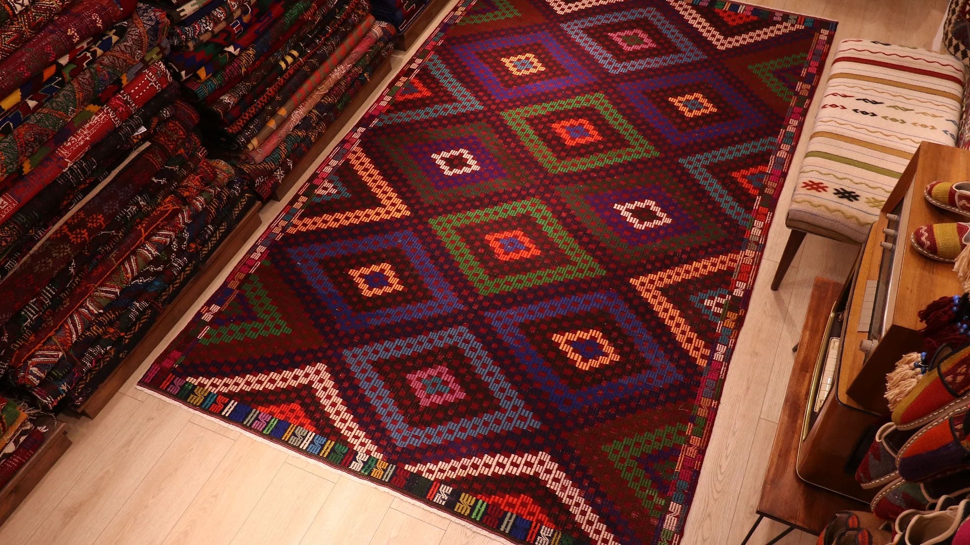 Vintage Bohemian Area Rug in Red, Purple, Blue, and Green