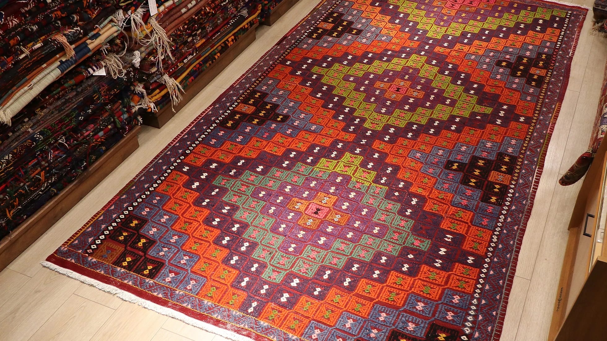 a very colorful vibrant and vivid handwoven cecim mid-century rug from Turkey by Kilim Couture New York