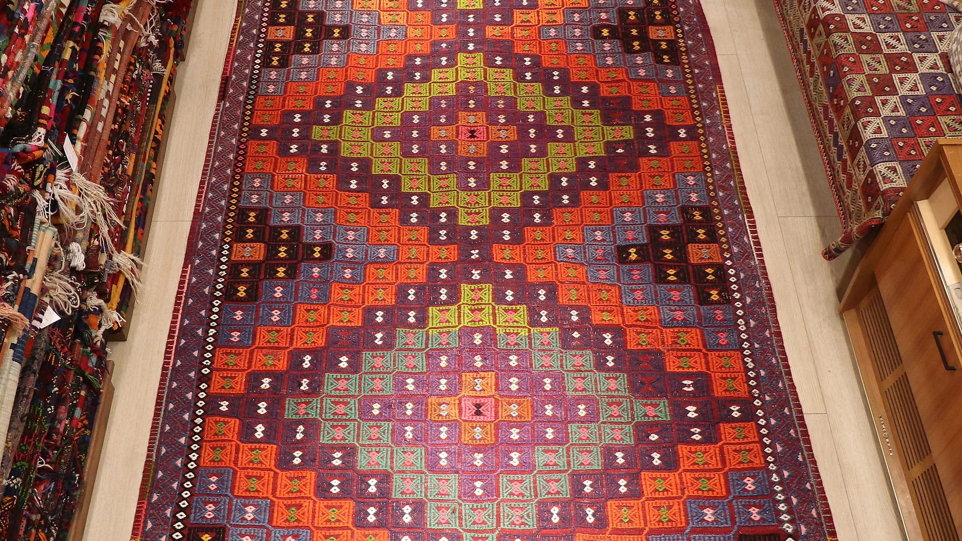 a very colorful vibrant and vivid handwoven cecim mid-century rug from Turkey by Kilim Couture New York