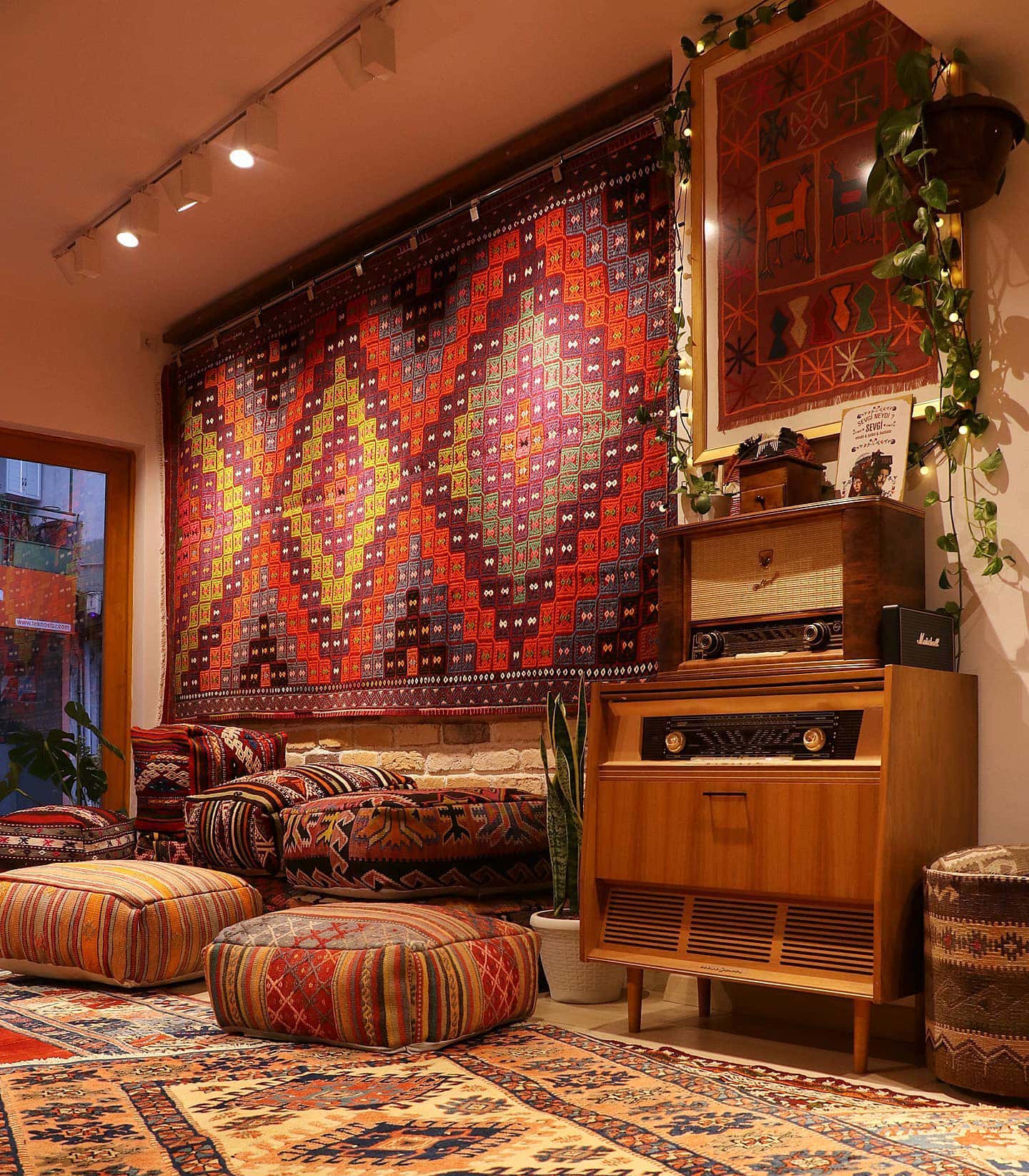 a very colorful vibrant and vivid handwoven cecim mid-century rug from Turkey by Kilim Couture New York