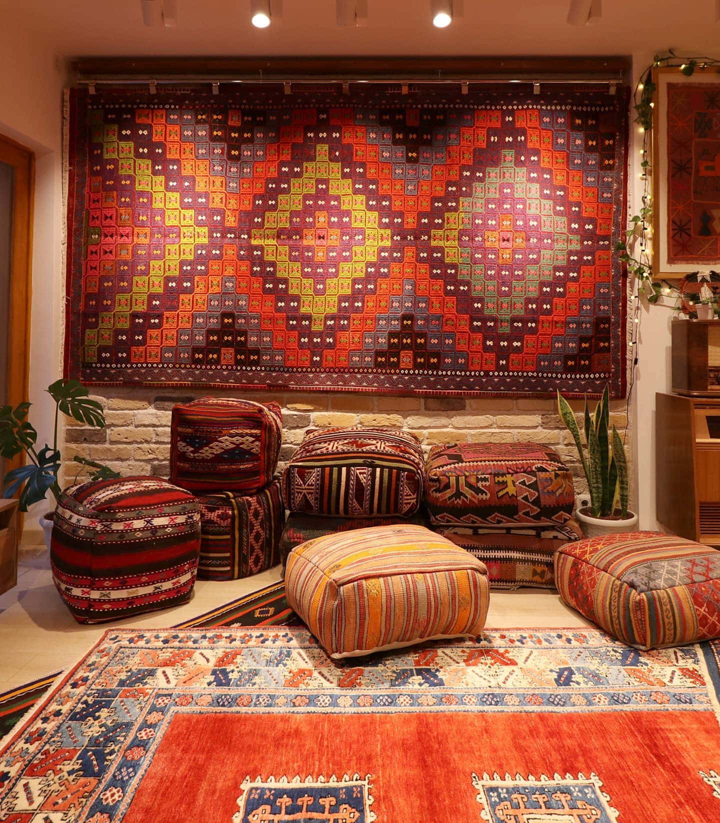 a very colorful vibrant and vivid handwoven cecim mid-century rug from Turkey by Kilim Couture New York