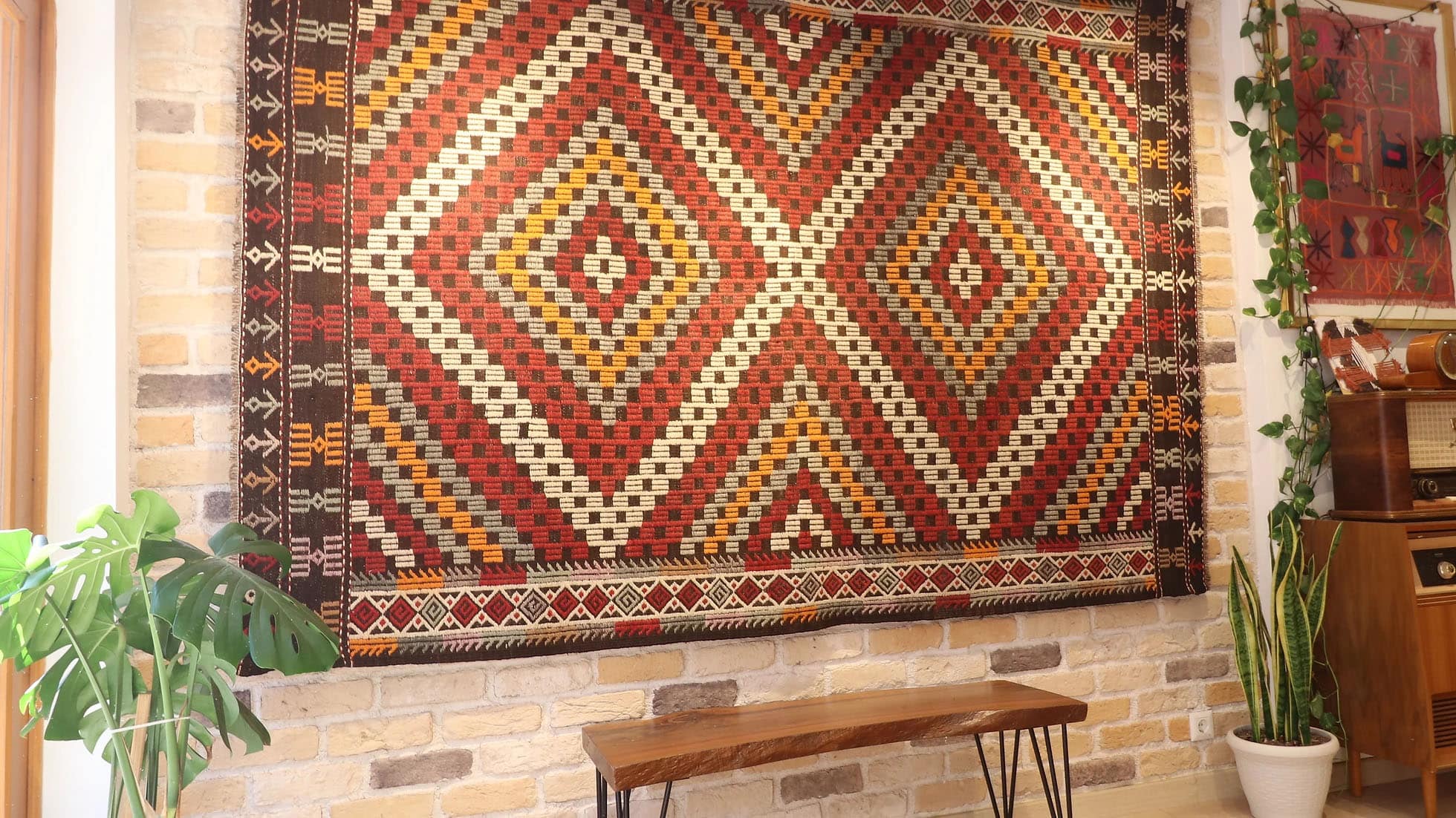 a very precious and luxurious vintage Turkish cecim kilim rug in pastel and rustic shades from mid-century '60s