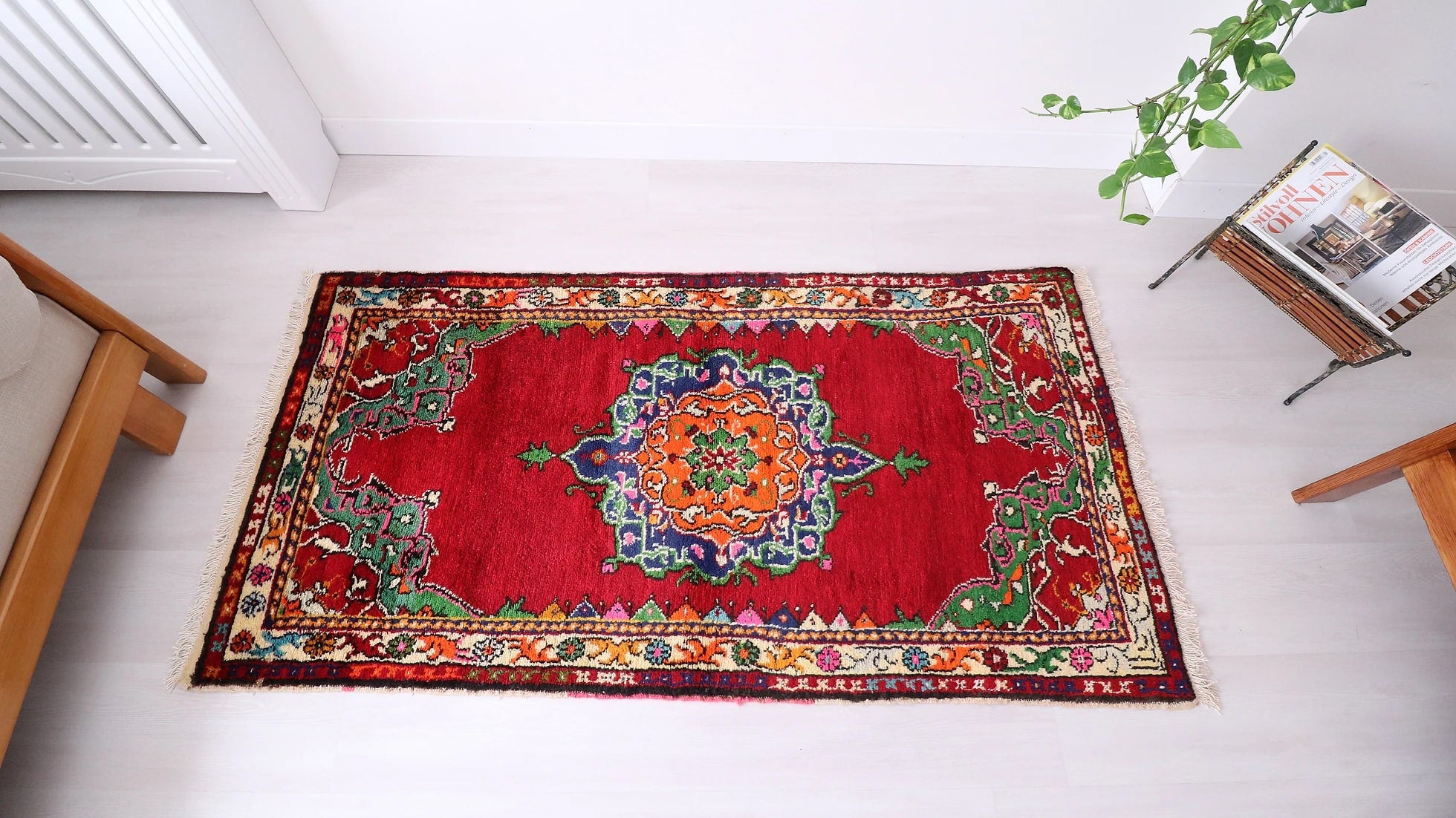 vintage hand-knotted medallion oriental rug in red from the 1960s era