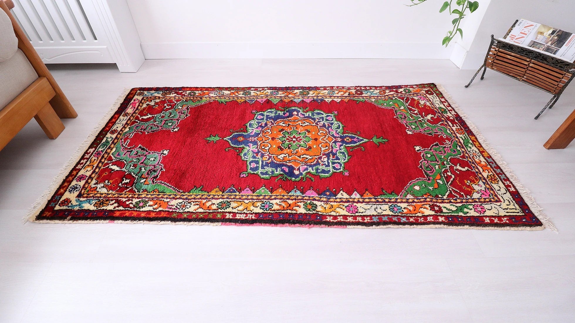 vintage hand-knotted medallion oriental rug in red from the 1960s era