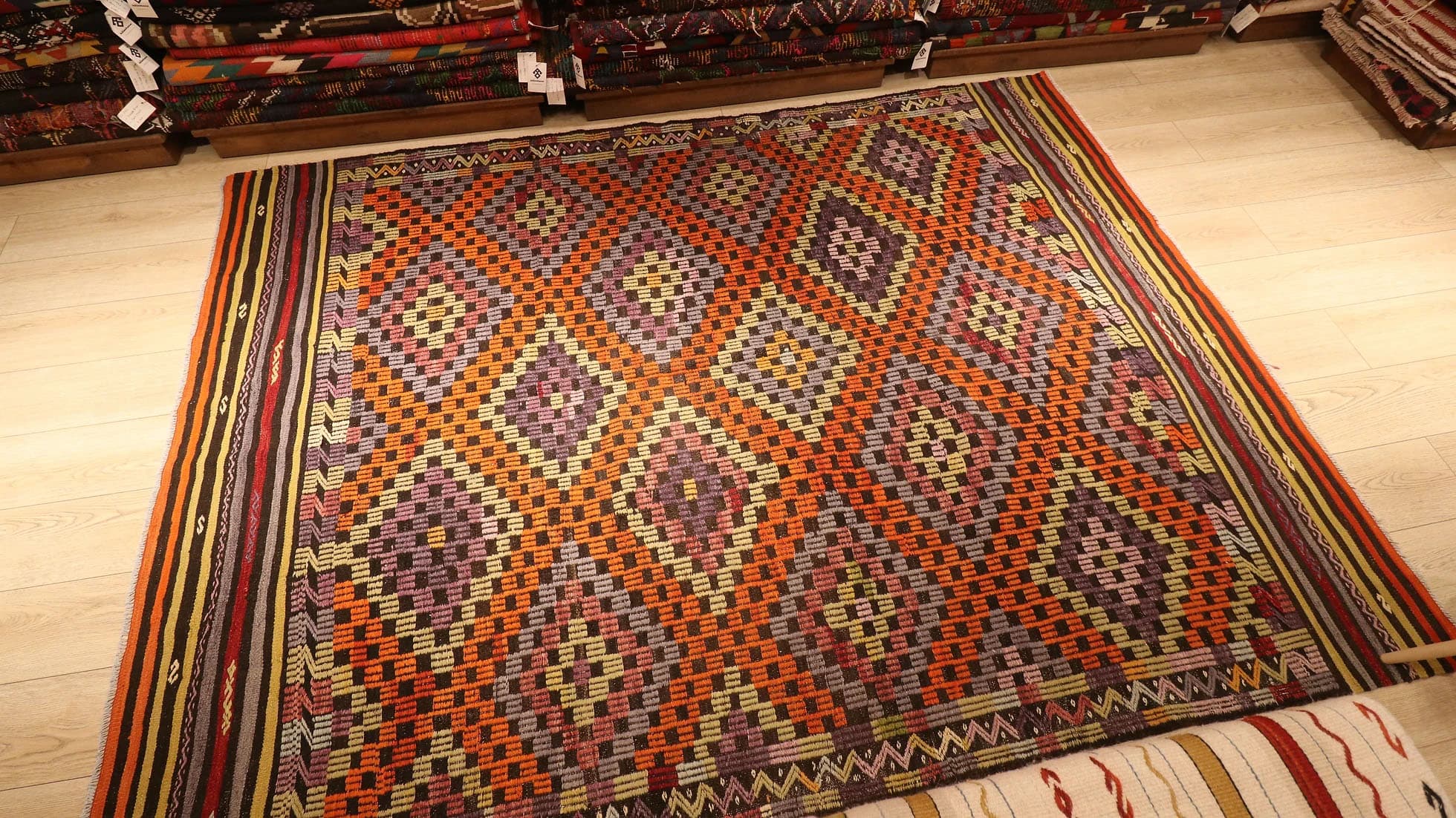 1960s Vintage Rustic Kilim Rug with Tribal Lozenge Patterns