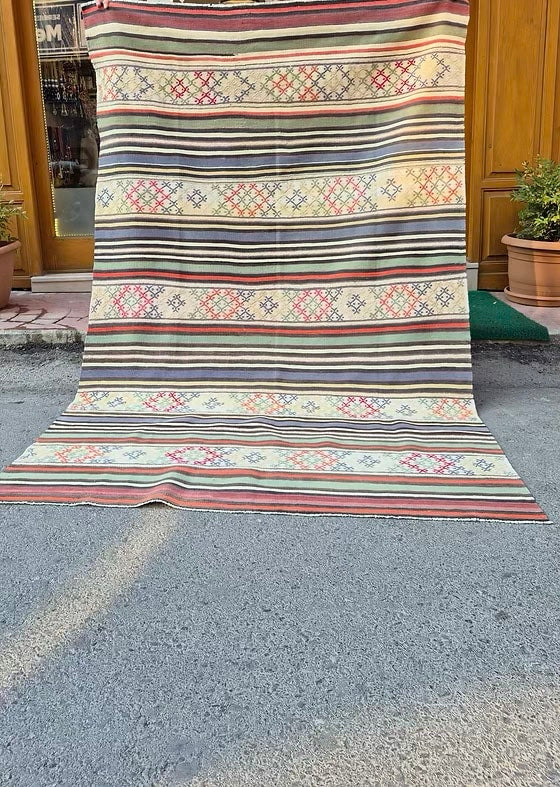 1950s vintage Turkish striped rug in Butter Yellow for rustic farmhouse and organic modern cottage decor