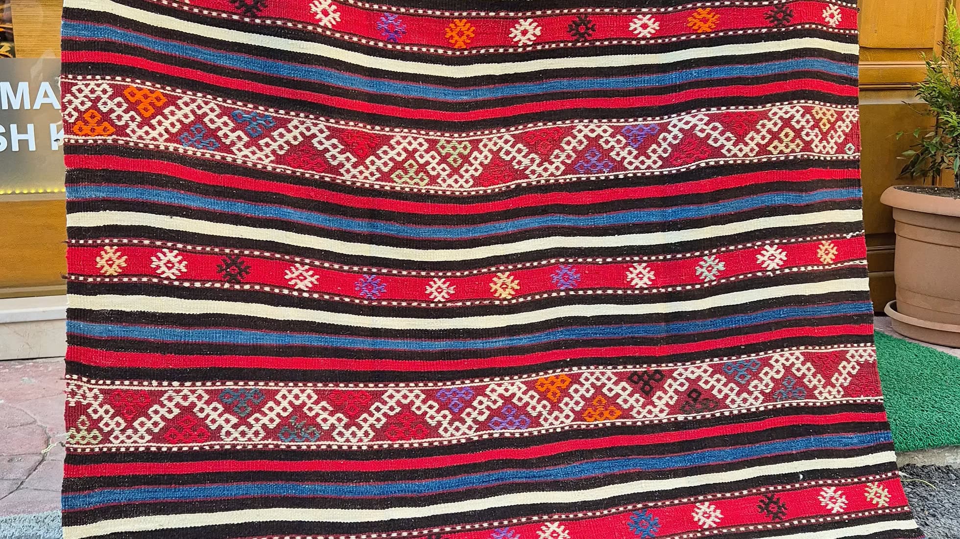 Artisanal Aegean Wool Rug in Red and Denim Blue with Purple and Orange Details