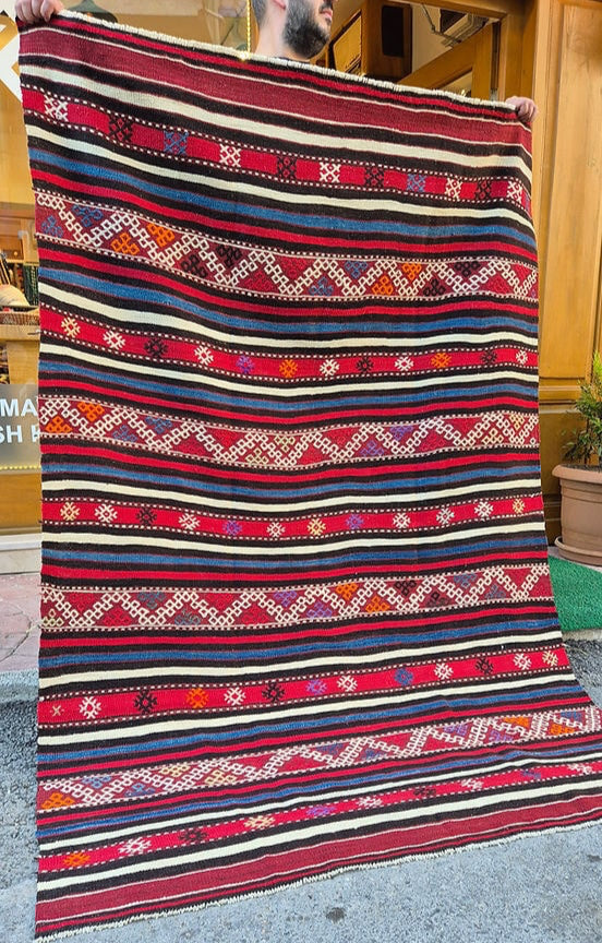 Mid-Century Modern Rustic Turkish Kilim Rug with Graphic Ivory and Black Accents