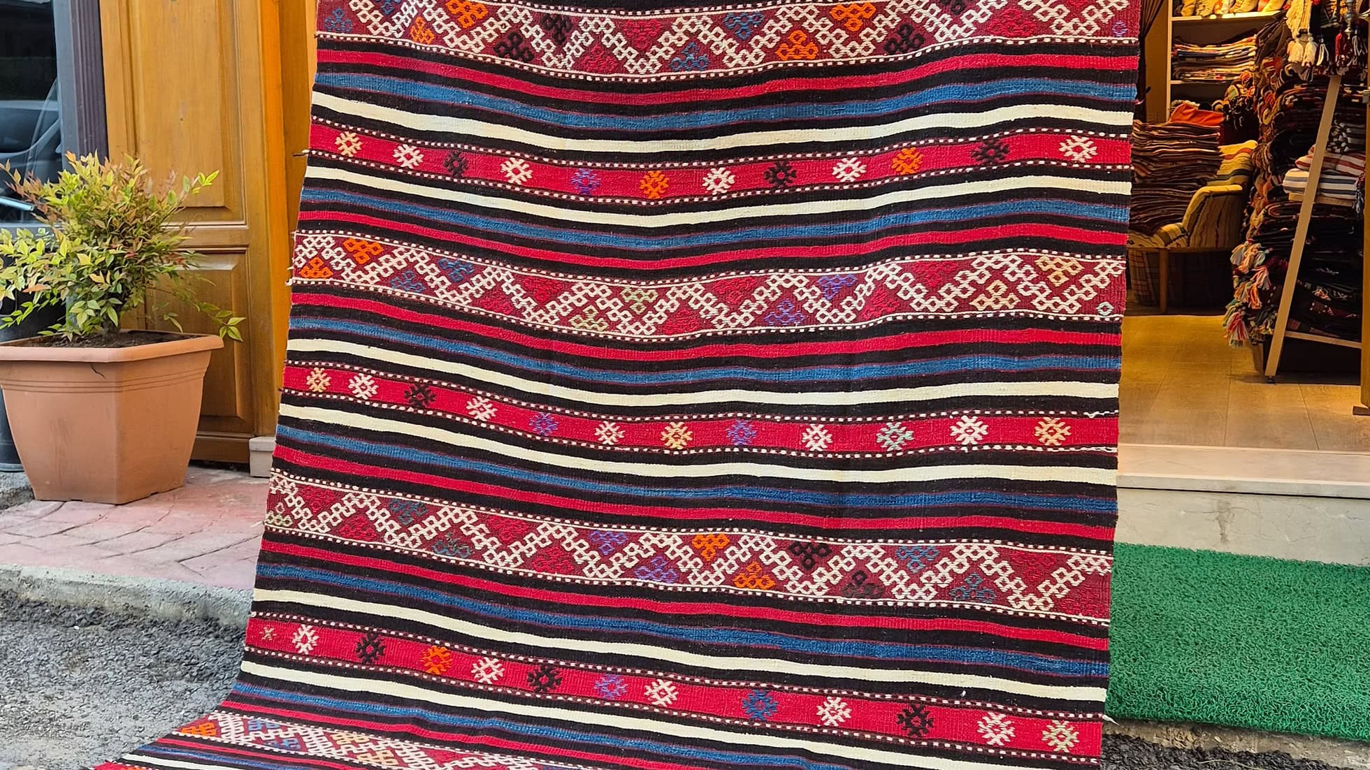 Vintage 1950s Turkish Handwoven Rustic Kilim Rug in Pomegranate and Denim Blue with Tribal Motifs