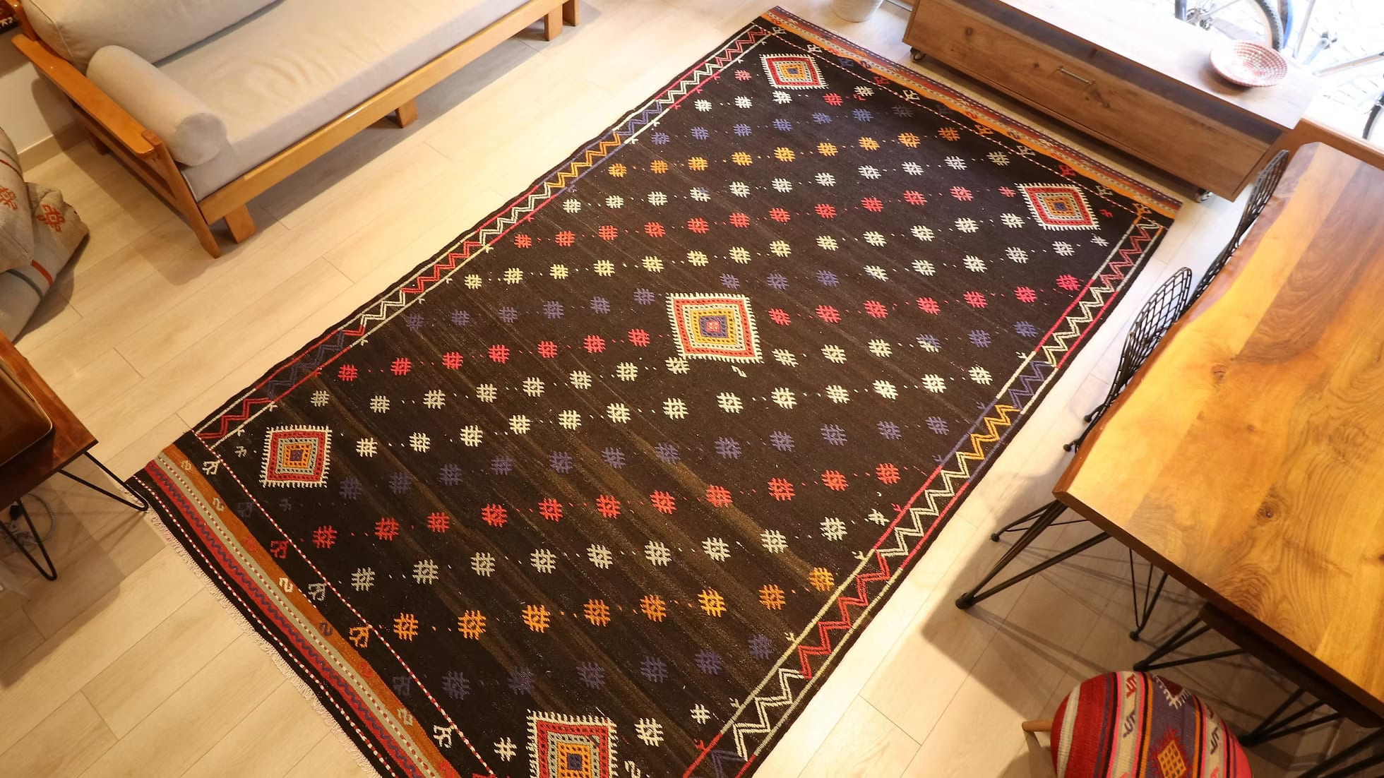 vintage decorative Turkish rustic area rug with geometric pattern