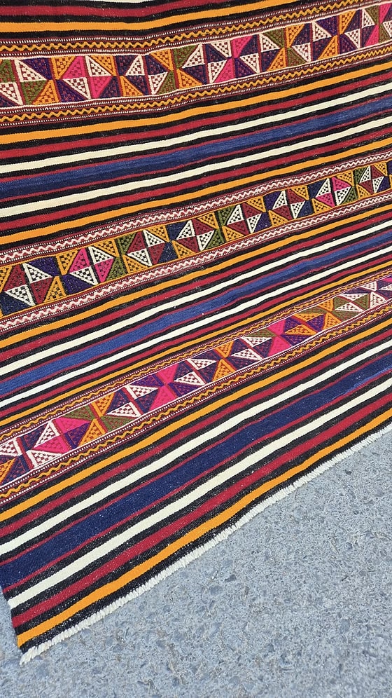 Close-up of a colorful vintage Turkish textile with geometric patterns and stripes
