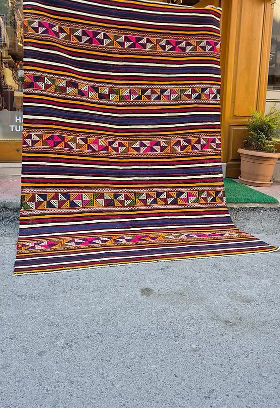 Kilim Couture New York rug store vintage flat-weave kilim with vibrant, organic rustic stripes.