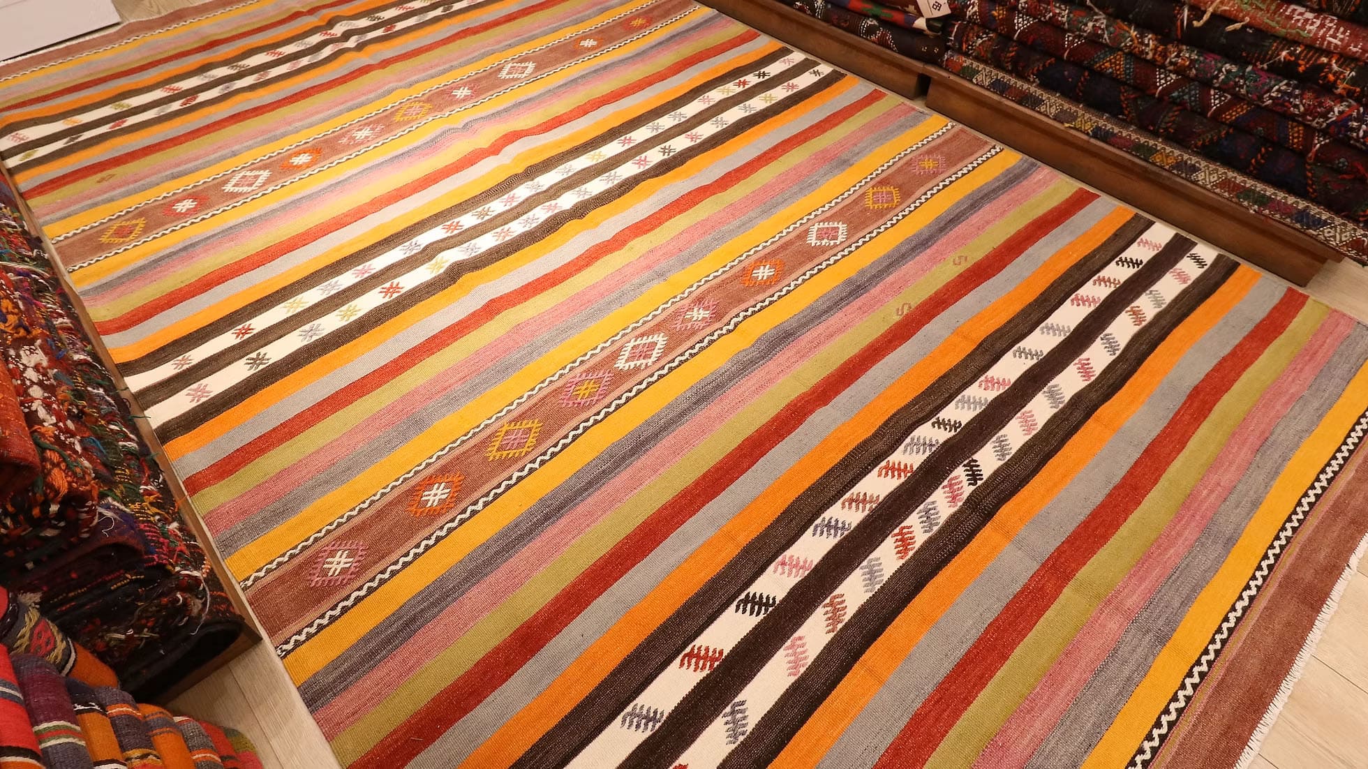 Vintage Mid-Century Large Area Rug in Terracotta, Saffron, Cocoa Brown, and Lilac.