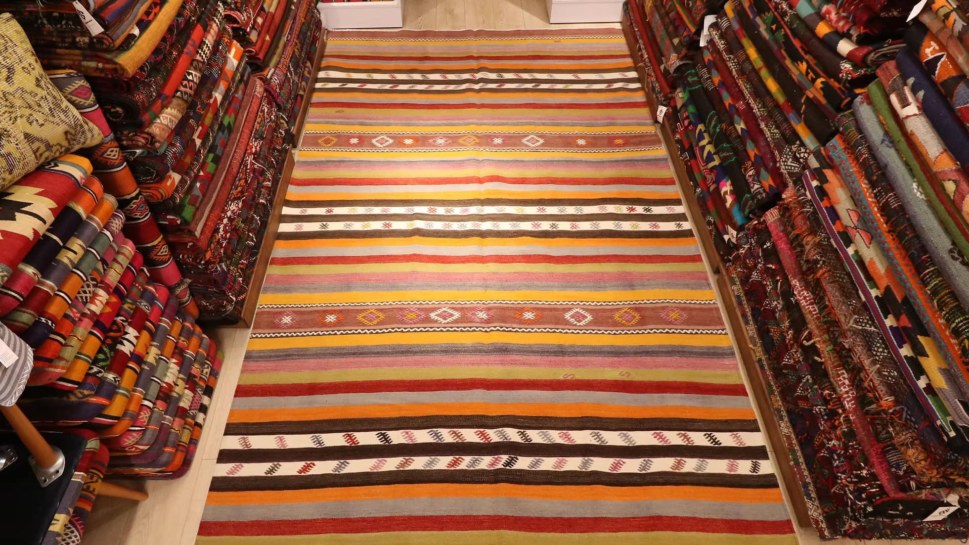 Authentic 1950s Turkish striped rug for NYC luxury apartments, Brooklyn lofts or Texas farmhouses.