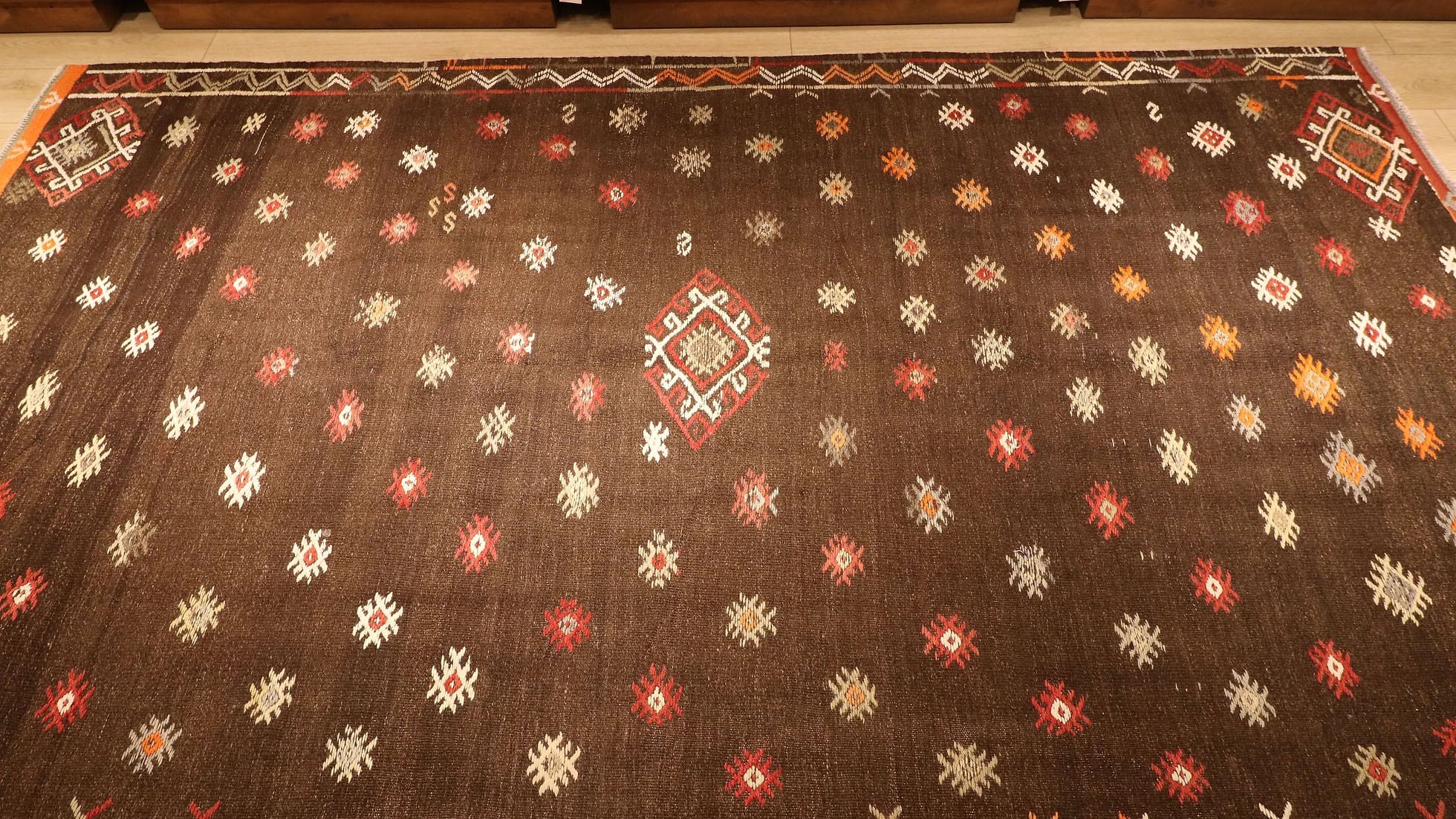 Authentic Turkish tribal flat-weave large area rug from the 1950s, a signature piece from Kilim Couture New York’s curated collection