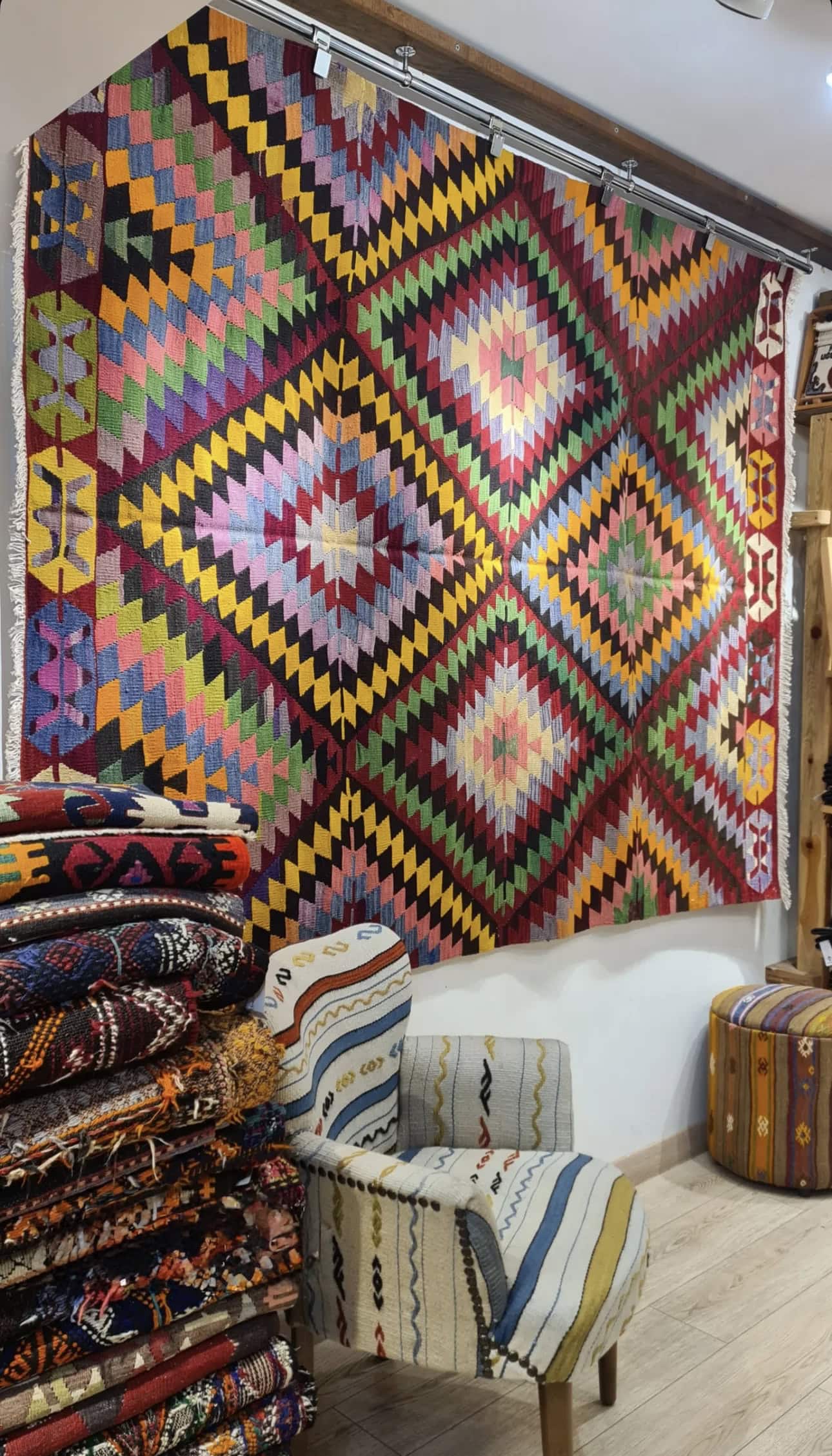 Vintage Turkish Handwoven Rug from Cal, Denizli, 6x8 ft kilim with vibrant crimson, emerald, lavender, and gold tones, featuring traditional motifs and eco-friendly craftsmanship.