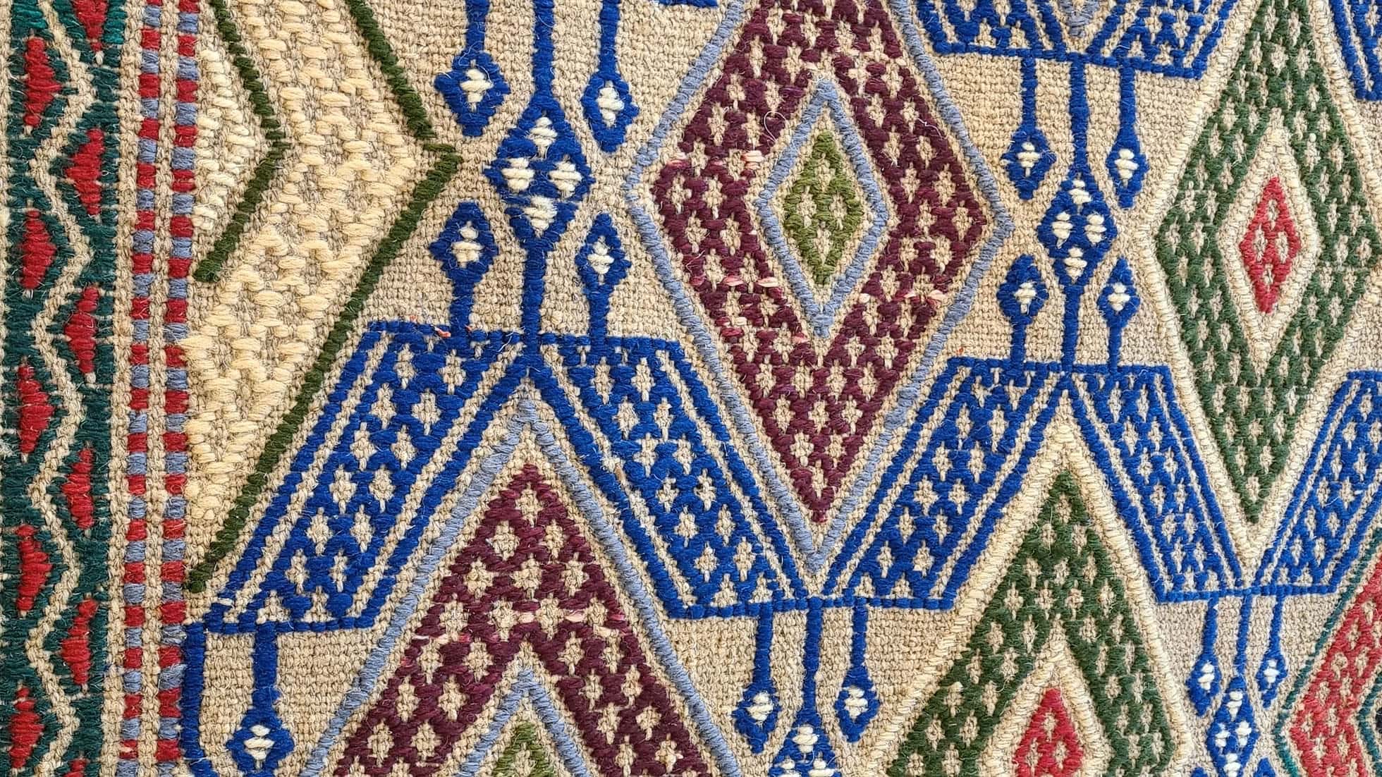 Rare Turkish Handwoven Kilim in Ivory Pearl, Submarine Blue, and Burgundy Tones