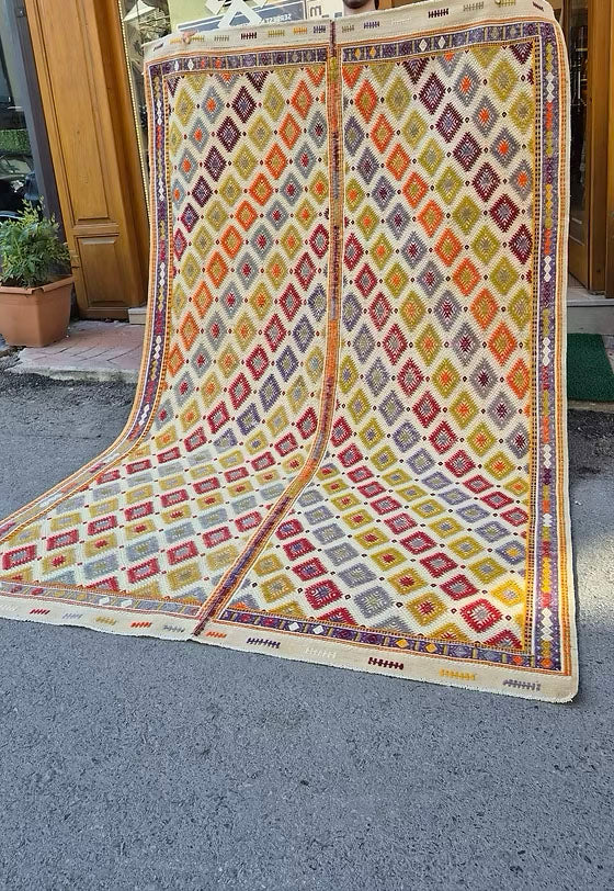 Sustainable Antique Turkish Cecim Kilim Rug with Vibrant Jewel Hues for Mid-Century or Eclectic Interiors