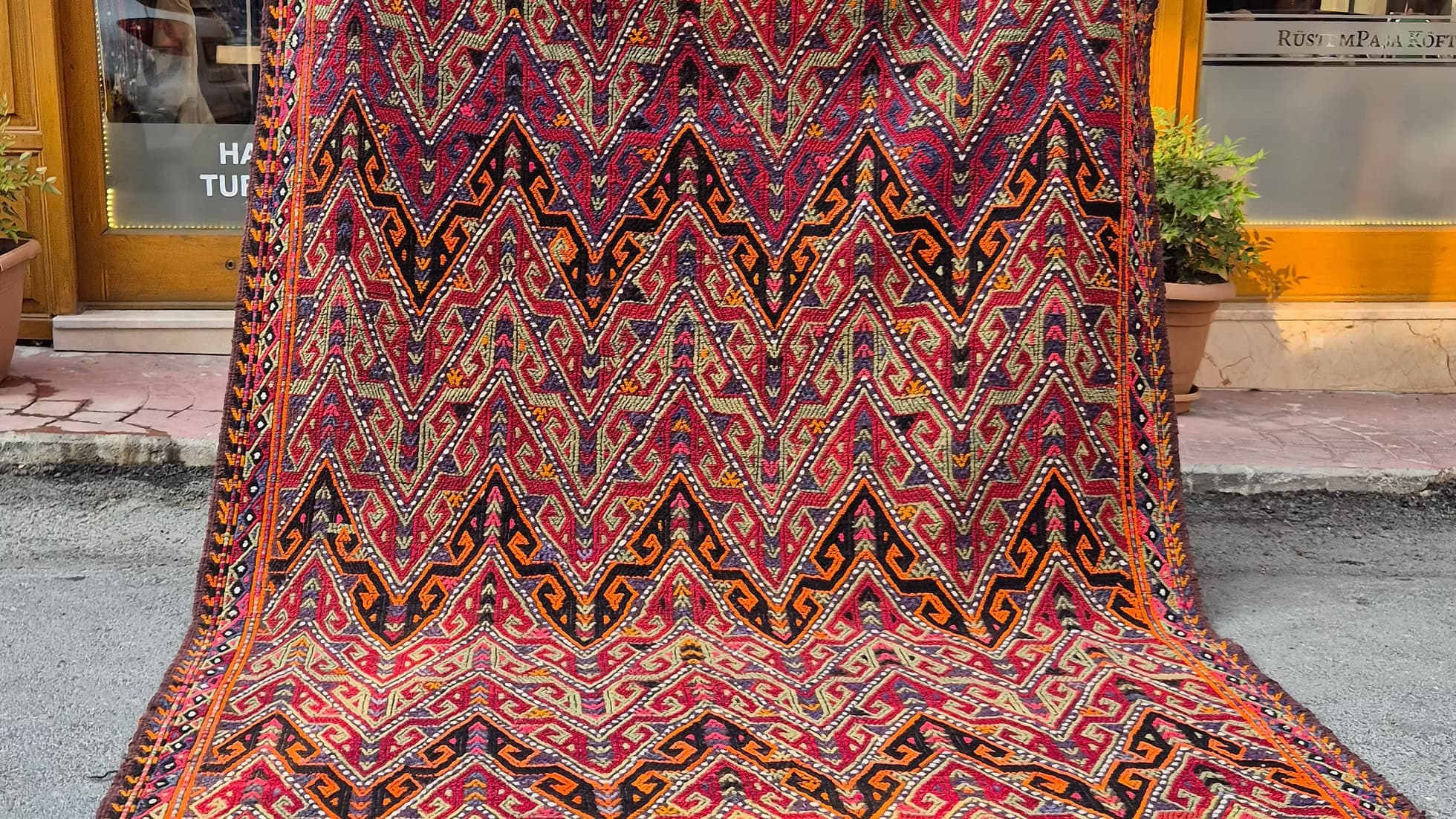 Vintage Mid-Century Turkish Kilim Rug in bold textures and authentic boho colors, 6x11 feet, by Kilim Couture New York.