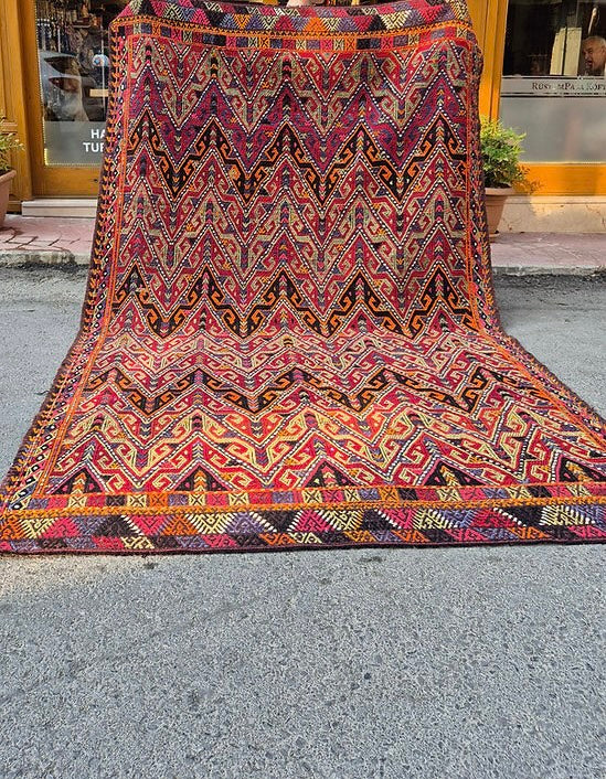 Vintage Mid-Century Turkish Kilim Rug in bold textures and authentic boho colors, 6x11 feet, by Kilim Couture New York.