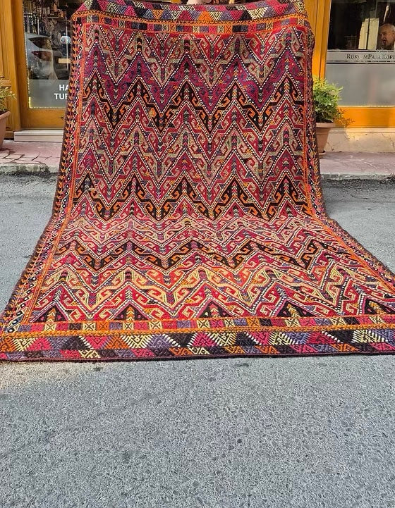 Vintage Mid-Century Turkish Kilim Rug in bold textures and authentic boho colors, 6x11 feet, by Kilim Couture New York.
