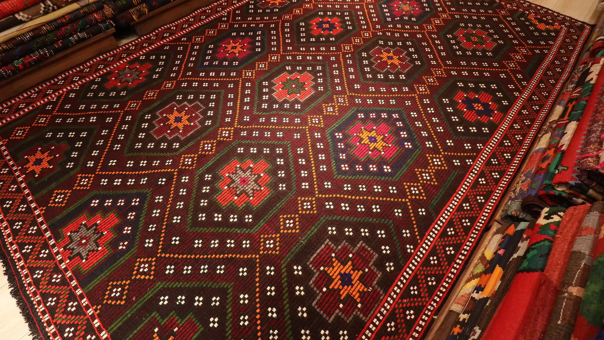 Handwoven semi-antique tribal wool rug with star motifs by Kilim Couture New York, featured in 2025 trendy rugs, perfect for rustic farmhouse and boho chic interiors