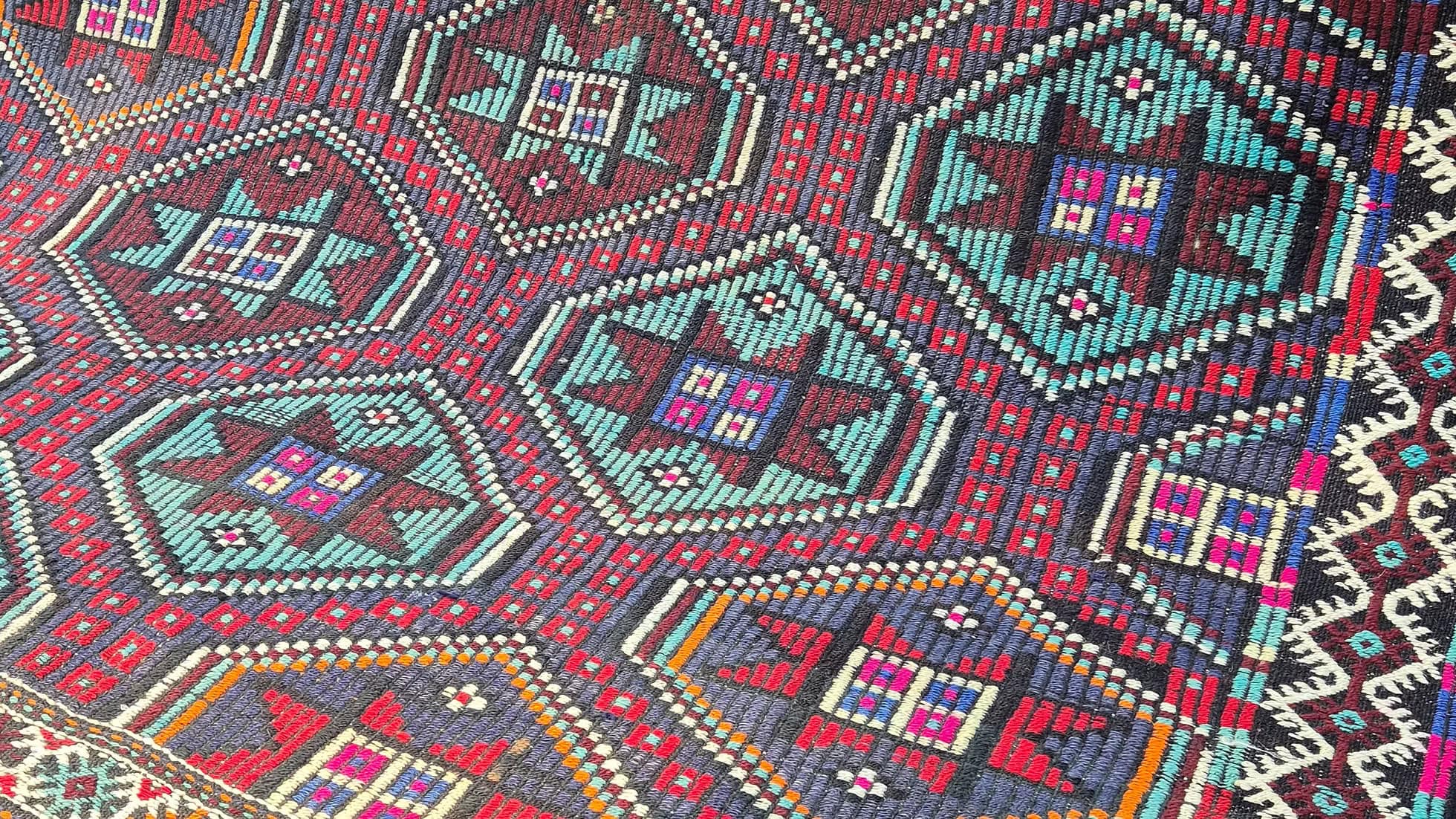 Close-up of a colorful geometric patterned Turkish tribal quilt rug