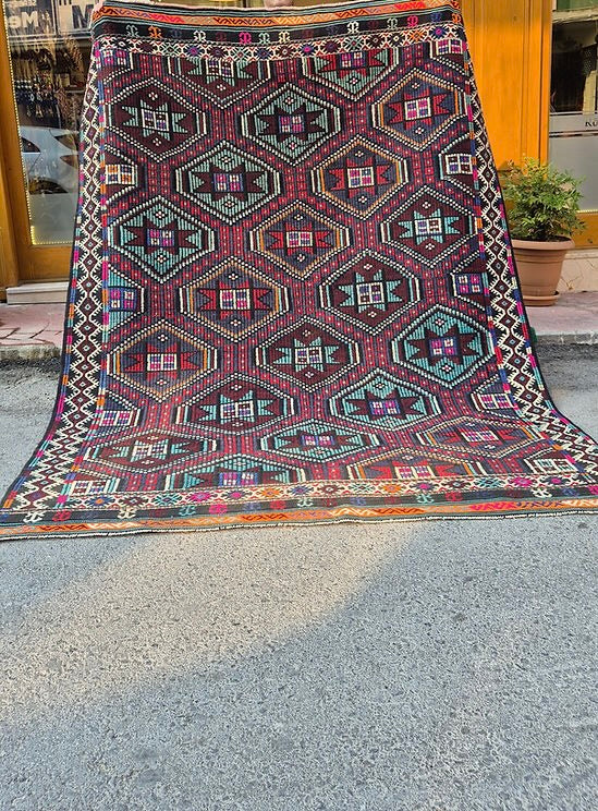 Vintage Turkish Tribal Cecim Kilim in Jewel Tones with Star Motifs