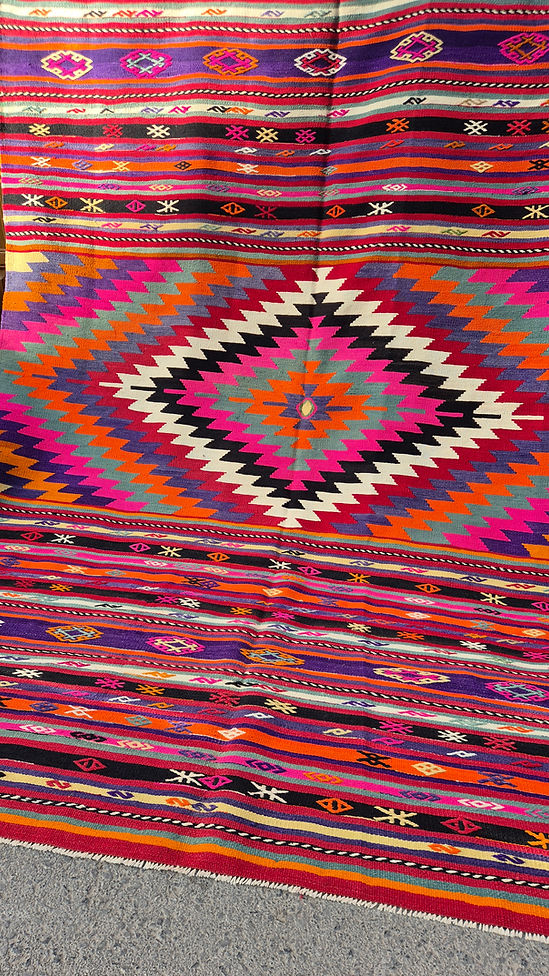Colorful geometric patterned 7x10 Turkish mid-century flat-weave rug, perfect for collectors and high-end interiors