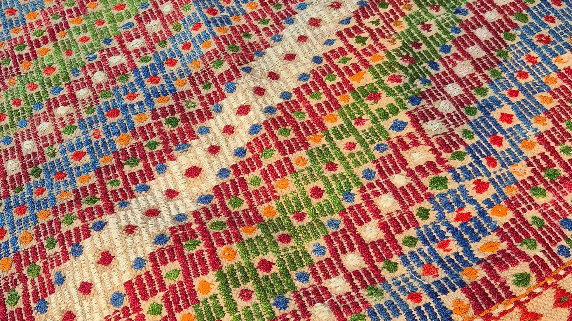 Mid-century Turkish Soumak rug with textured embroidery, ideal for modern, bohemian, and farmhouse interiors.