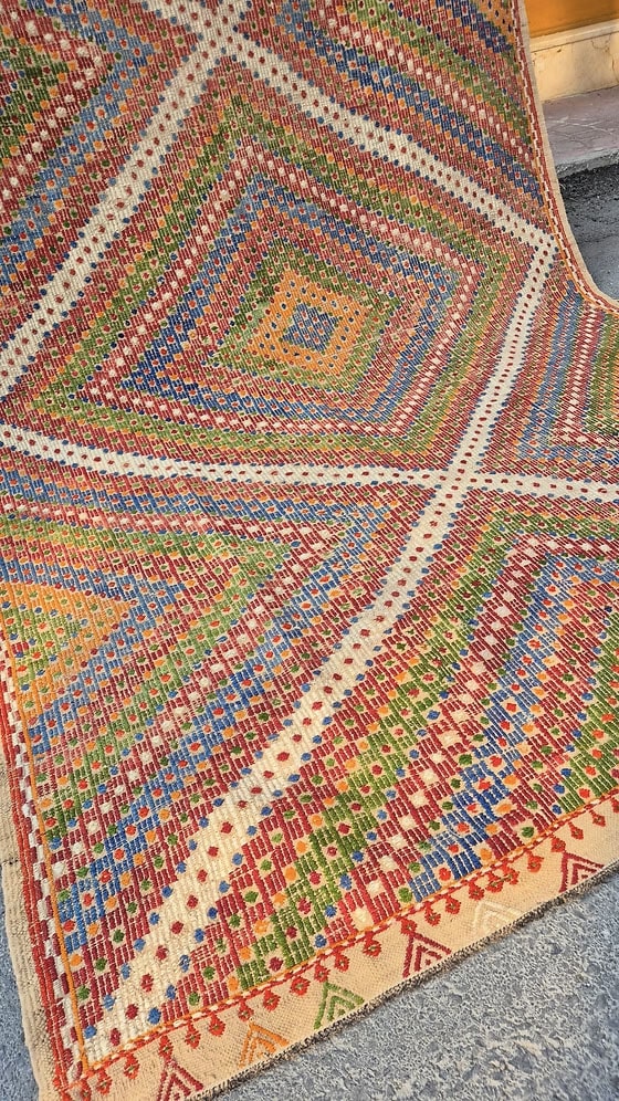 Rare vintage tribal flat-weave, perfect for NYC, Brooklyn, and Hamptons homes seeking luxury and artisanal craftsmanship.