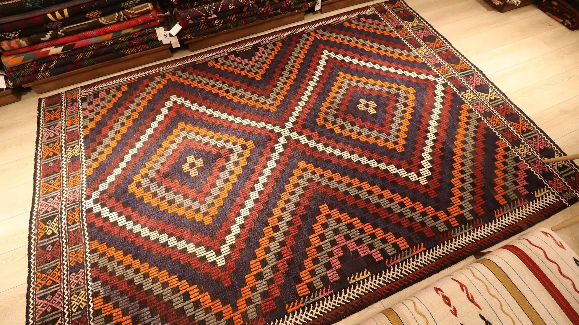 Vintage 1960s Manisa Cecim Kilim rug with hand-spun wool, sculptural texture, and rich multicolor palette for organic rustic interiors